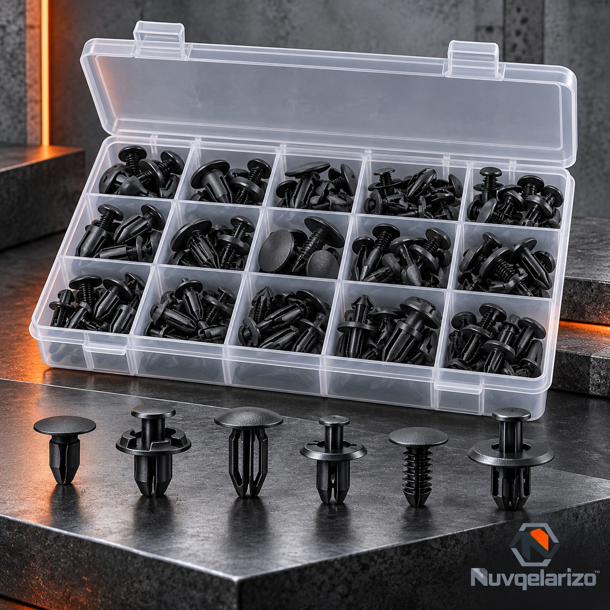 Nuvqelarizo™ PanelLock Trim Retainer Clip Assortment — front view